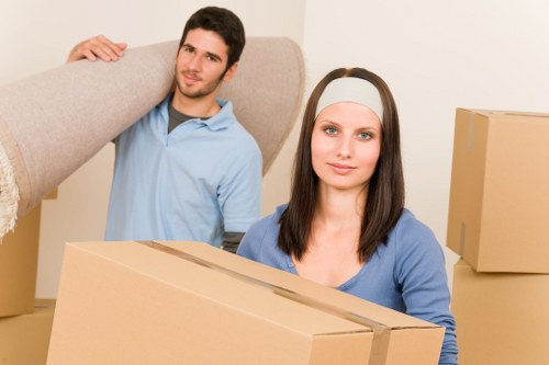 Office relocation in Bromley with desks, boxes, and business equipment being moved